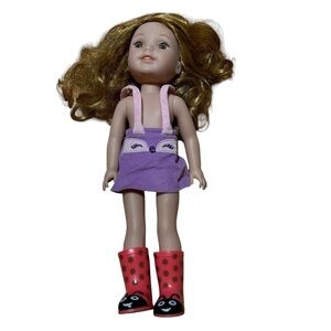 American Girl Wellie Wishers Doll Fox Purple Corduroy Overall Ladybug Boots